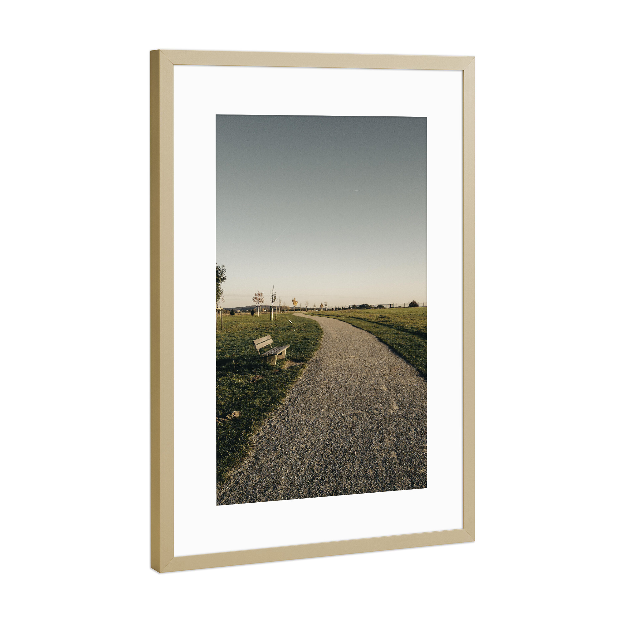 Poster mit Rahmen Gold "Bucolism h" artboxONE - Natur - Nature,Bucolic,Farm,Trees,Street,Straße,Weg,Way,Countryside,Bench,Path,Field