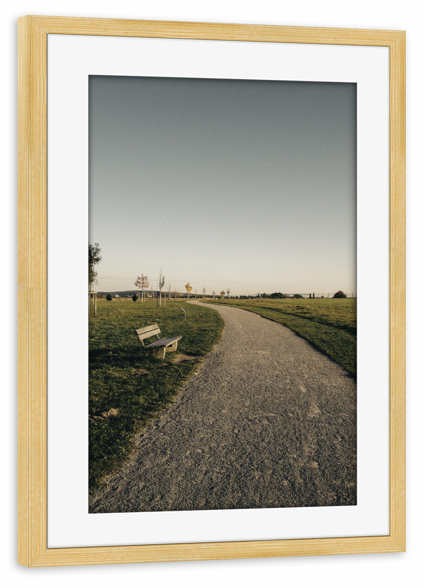 Poster mit Rahmen kiefer "Bucolism h" artboxONE - Natur - Nature,Bucolic,Farm,Trees,Street,Straße,Weg,Way,Countryside,Bench,Path,Field