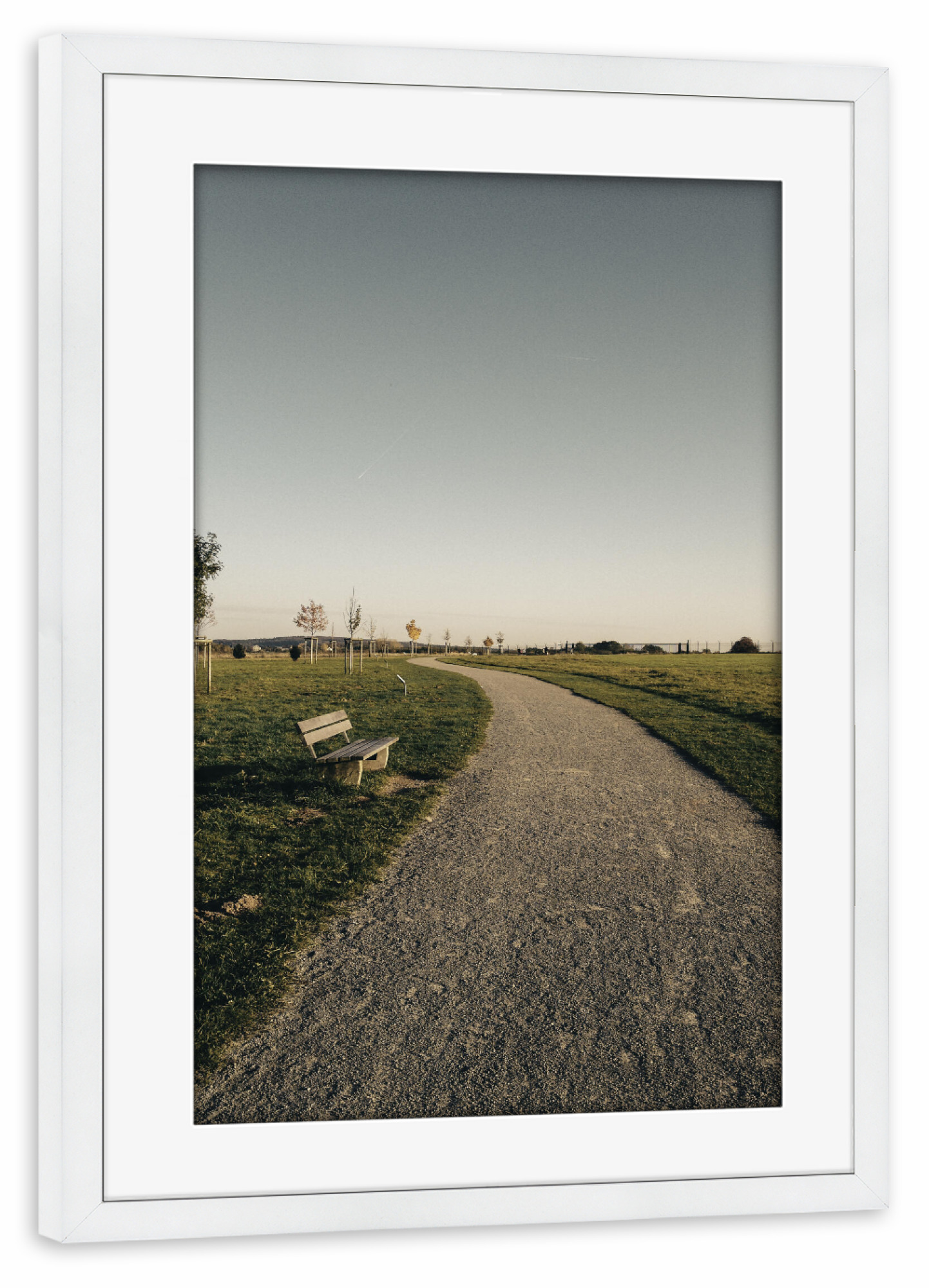 Poster mit Rahmen weiß "Bucolism h" artboxONE - Natur - Nature,Bucolic,Farm,Trees,Street,Straße,Weg,Way,Countryside,Bench,Path,Field