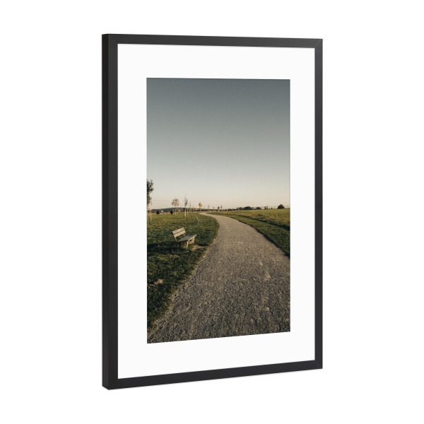 Poster mit Rahmen Schwarz (Metallic) "Bucolism h" artboxONE - Natur - Nature,Bucolic,Farm,Trees,Street,Straße,Weg,Way,Countryside,Bench,Path,Field