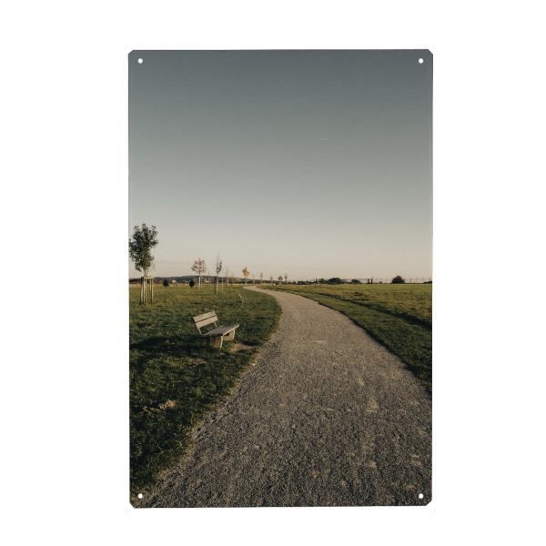 Metall Poster "Bucolism h" artboxONE - Natur - Nature,Bucolic,Farm,Trees,Street,Straße,Weg,Way,Countryside,Bench,Path,Field - Blechschild