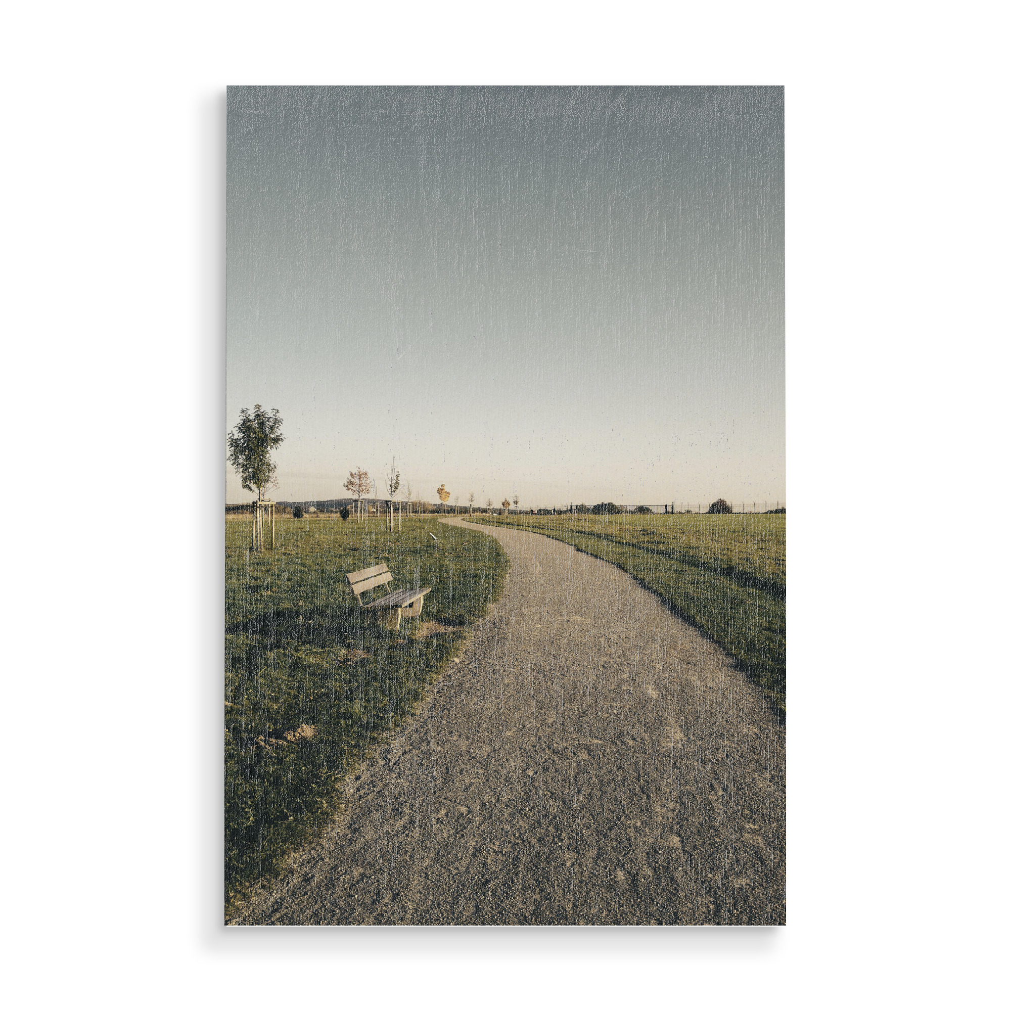 Holzbild "Bucolism h" artboxONE - Natur - Nature,Bucolic,Farm,Trees,Street,Straße,Weg,Way,Countryside,Bench,Path,Field