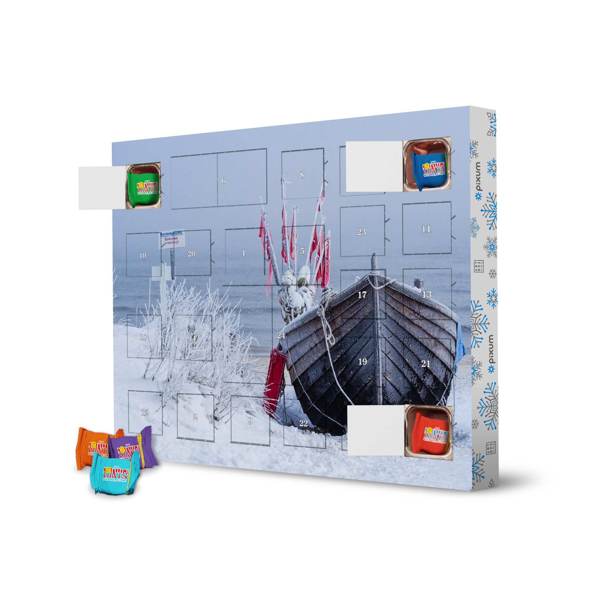 Adventskalender mit Tony's Chocolonely Fischerboot auf Usedom im Winter artboxONE Adventskalender Natur