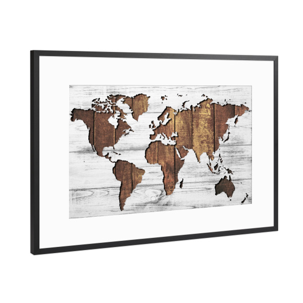 Poster mit Rahmen Schwarz (Metallic) "World Map - Wood 2 (matart)" artboxONE - Kartografie