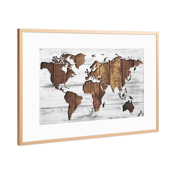 Poster mit Rahmen Kupfer "World Map - Wood 2 (matart)" artboxONE - Kartografie