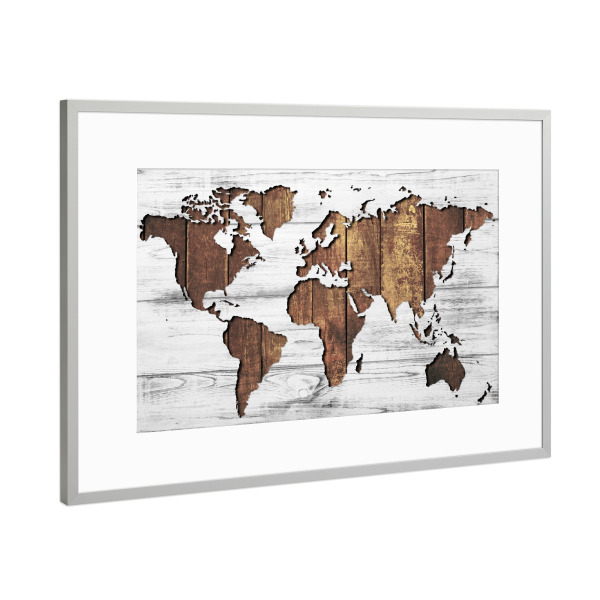 Poster mit Rahmen Silber "World Map - Wood 2 (matart)" artboxONE - Kartografie