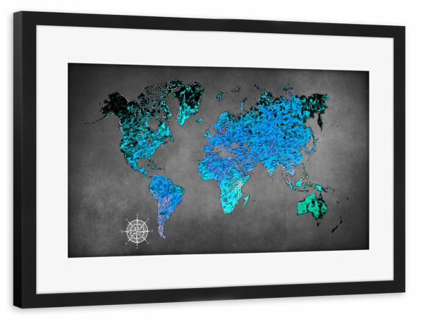Poster mit Rahmen schwarz "World map blue and black cartoon" artboxONE - Reise,Kartografie