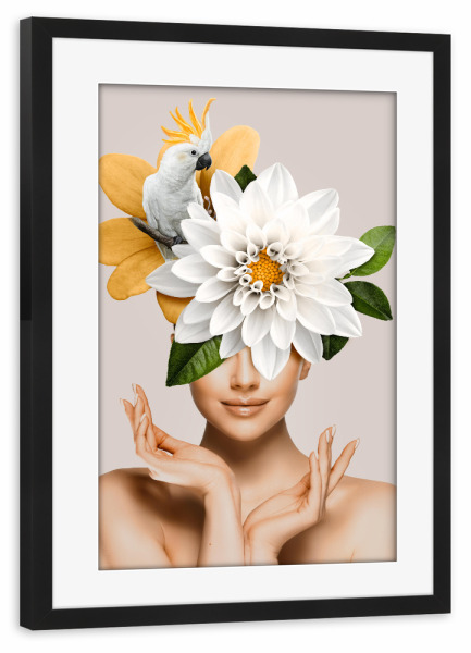 Poster mit Rahmen schwarz "Floral Woman White and Birds" artboxONE - Natur,Menschen
