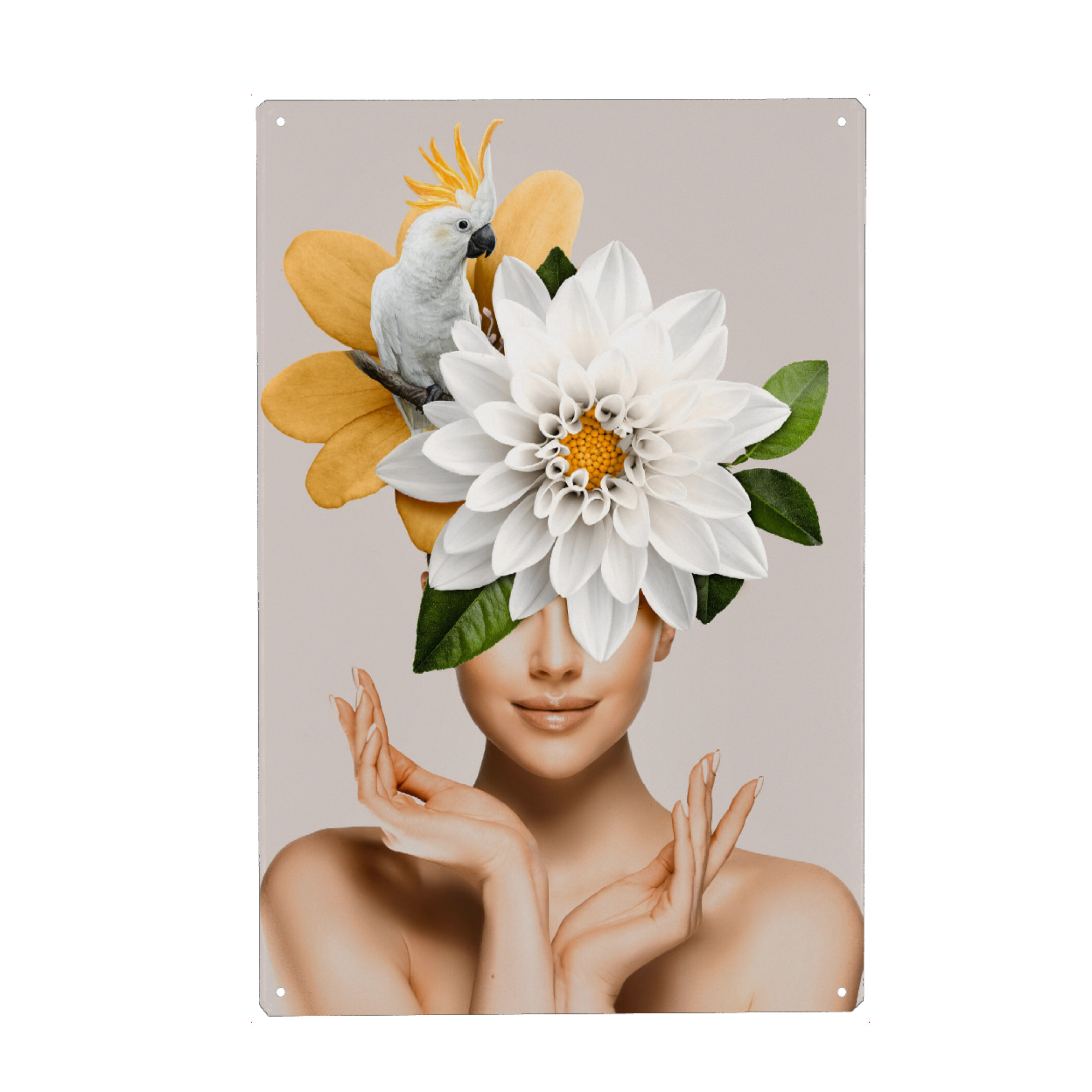 Metall Poster "Floral Woman White and Birds" artboxONE - Natur,Menschen