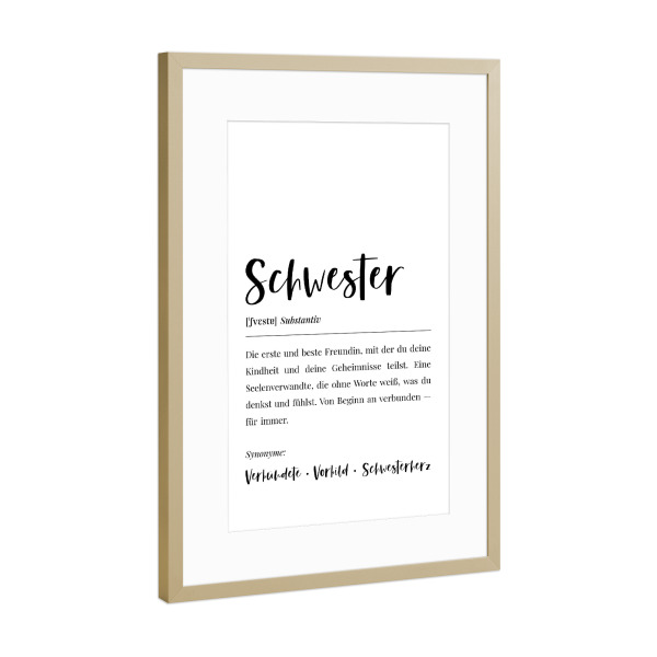 Poster mit Rahmen Gold "Schwester Definition Lexikon" artboxONE - Typografie,Menschen,Schwarzweiß