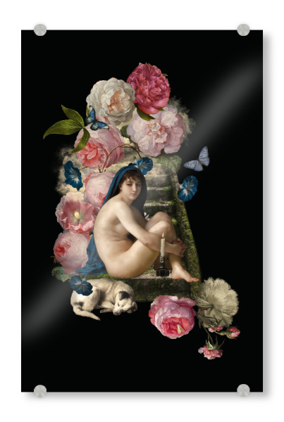 Acrylglasbild "Venus With Flowers And Dog" artboxONE - Natur,Floral,Menschen - Antique,Vintage,Flowers,Botanical,Dog,Naked,Frau,Woman,Floral,Bunt