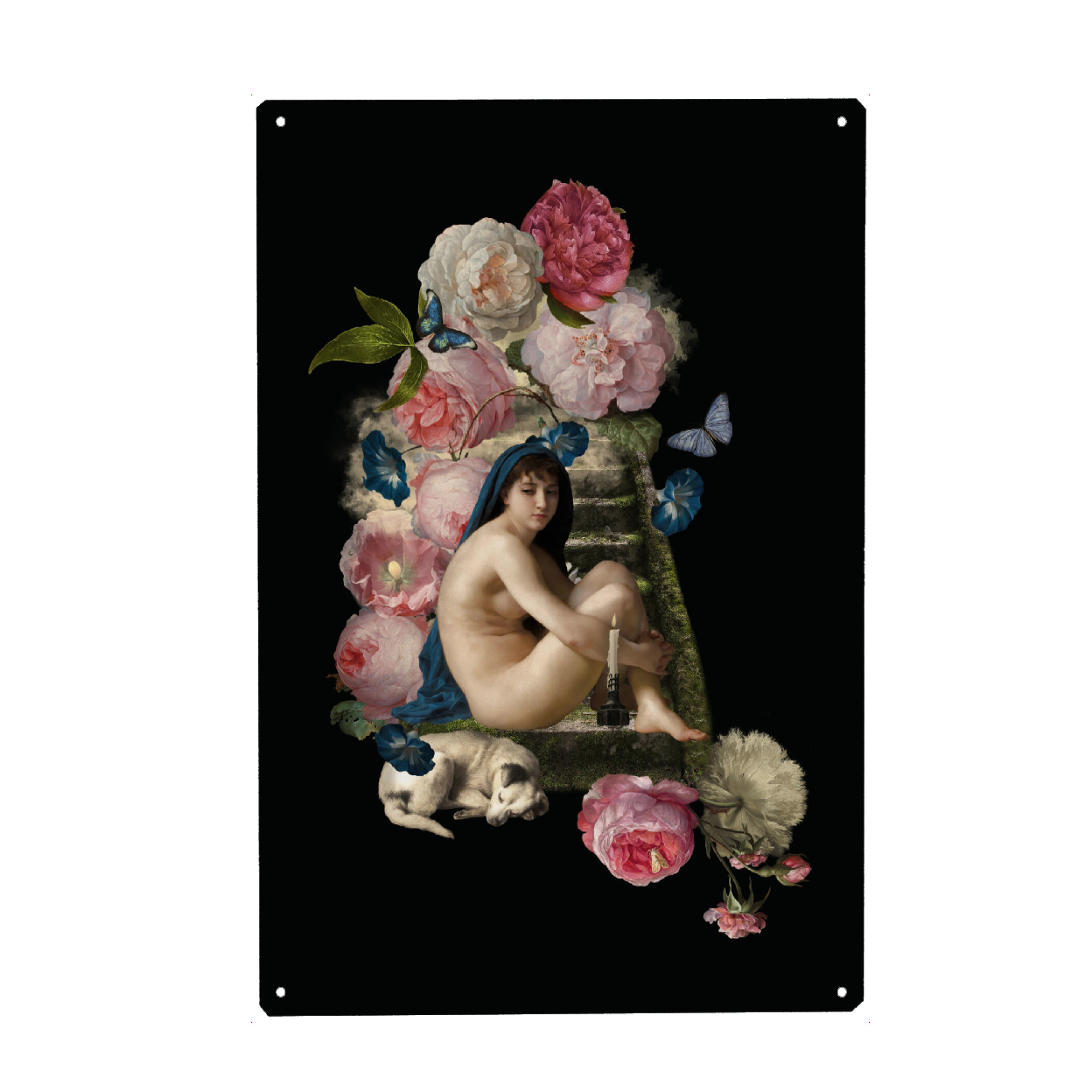 Holzbild "Venus With Flowers And Dog" artboxONE - Natur,Floral,Menschen - Antique,Vintage,Flowers,Botanical,Dog,Naked,Frau,Woman,Floral,Bunt