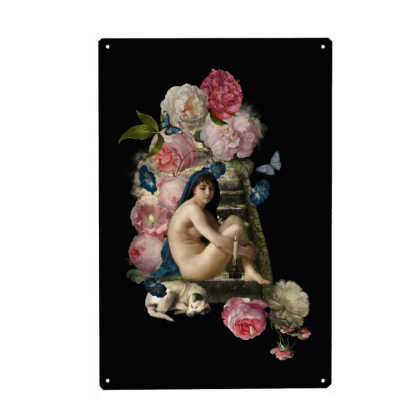 Metall Poster "Venus With Flowers And Dog" artboxONE - Natur,Floral,Menschen - Antique,Vintage,Flowers,Botanical,Dog,Naked,Frau,Woman,Floral,Bunt