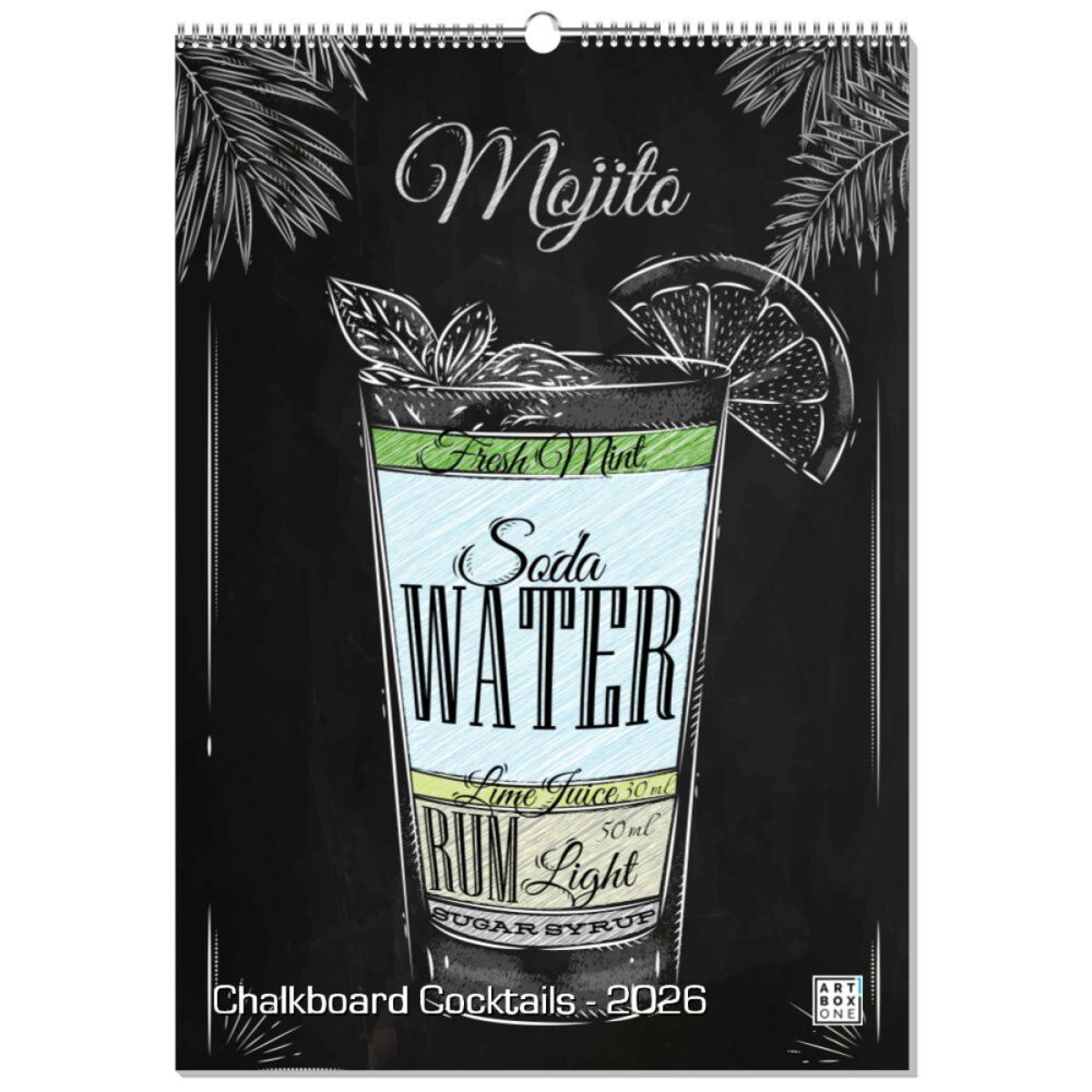 artboxONE Wandkalender A2 2026 Chalkboard Cocktails Cocktails