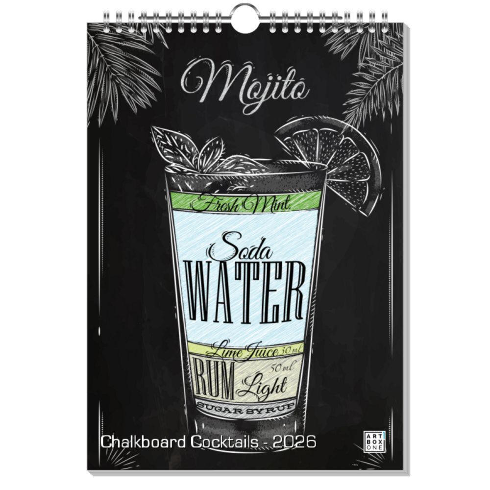 artboxONE Wandkalender A4 2026 Chalkboard Cocktails Cocktails