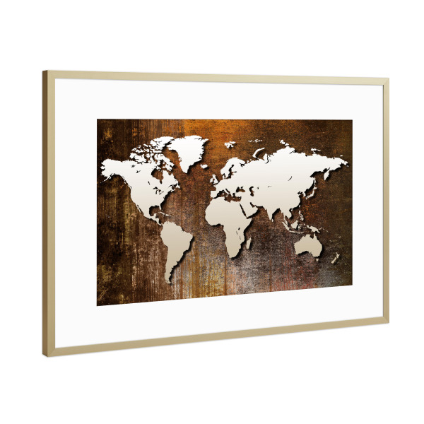 Poster mit Rahmen Gold "World Map Brown 5 (matart)" artboxONE - Kartografie