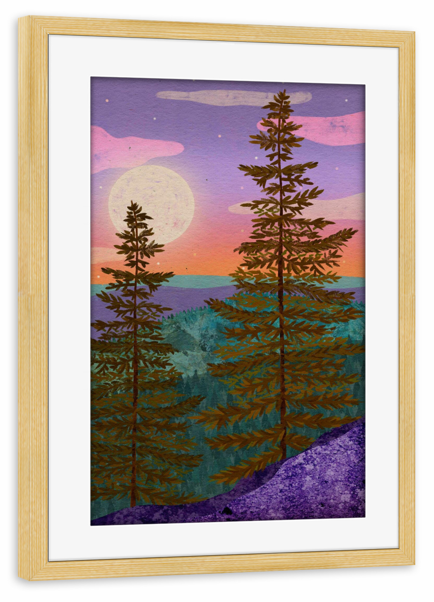 Poster mit Rahmen kiefer "Wald bei Vollmond" artboxONE - Natur