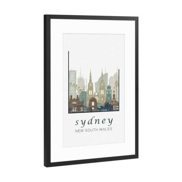 Poster mit Rahmen Schwarz (Metallic) "Sydney skyline light blue" artboxONE - Städte,Reise,Architektur,Städte / Sydney,Kartografie