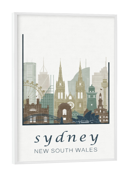 Poster mit weißem Rahmen "Sydney skyline light blue" artboxONE - Städte,Reise,Architektur,Städte / Sydney,Kartografie