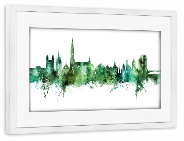 Poster mit Rahmen weiß "Ulm Germany Skyline Green" artboxONE - Städte