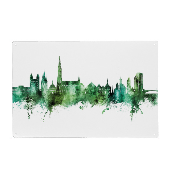 Metall Poster "Ulm Germany Skyline Green" artboxONE - Städte - Ulm,Deutschland,Skyline,Cityscape,Stadtbild,Watercolor,Painting,City,Stadt,Germany