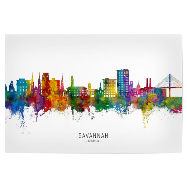Poster "Savannah Georgia Skyline txt" artboxONE - Städte - Savannah,Georgia,Skyline,Cityscape,Stadtbild,Watercolor,Painting,City,Stadt,Bunt,Colorful
