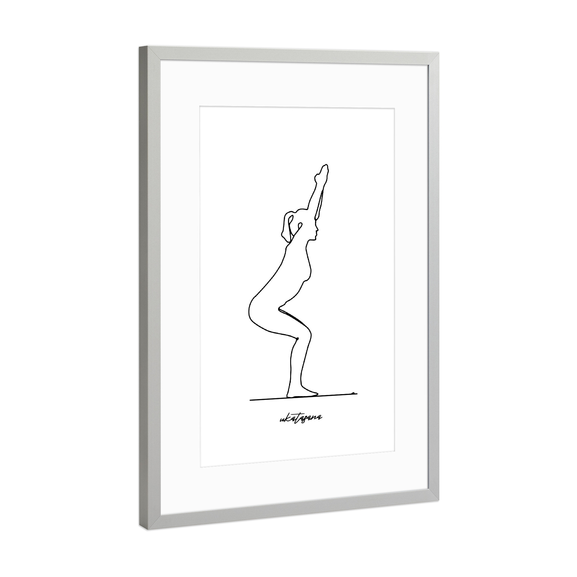 Poster mit Rahmen Silber "Yoga Ukatasana bw one line" artboxONE - Menschen,Sport