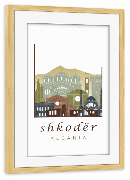 Poster mit Rahmen kiefer "Shkoder skyline light brown" artboxONE - Städte,Reise,Architektur,Kartografie