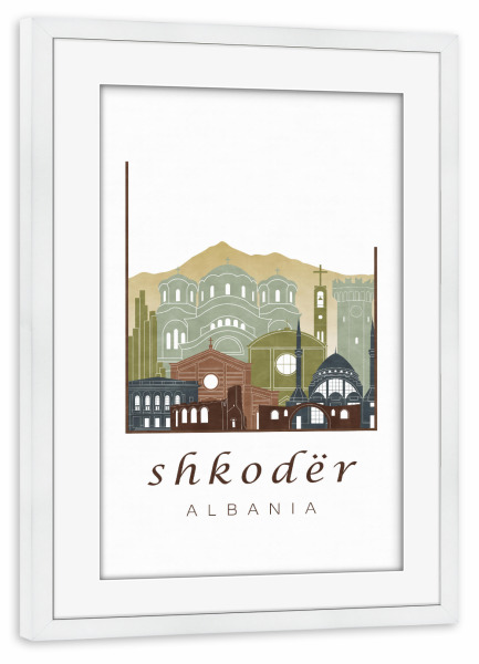 Poster mit Rahmen weiß "Shkoder skyline light brown" artboxONE - Städte,Reise,Architektur,Kartografie