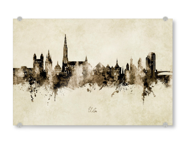 Acrylglasbild "Ulm Germany Skyline Sepia" artboxONE - Städte - Ulm,Deutschland,Skyline,Cityscape,Stadtbild,Watercolor,Painting,City,Stadt