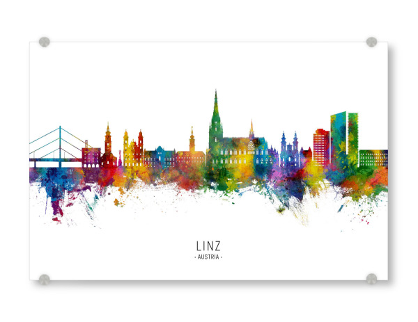 Acrylglasbild "Linz Austria Skyline txt" artboxONE - Städte - Linz,Austria,Skyline,Cityscape,Stadtbild,Watercolor,Painting,City,Stadt,Bunt,Colorful