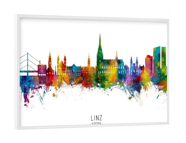 Poster mit weißem Rahmen "Linz Austria Skyline txt" artboxONE - Städte