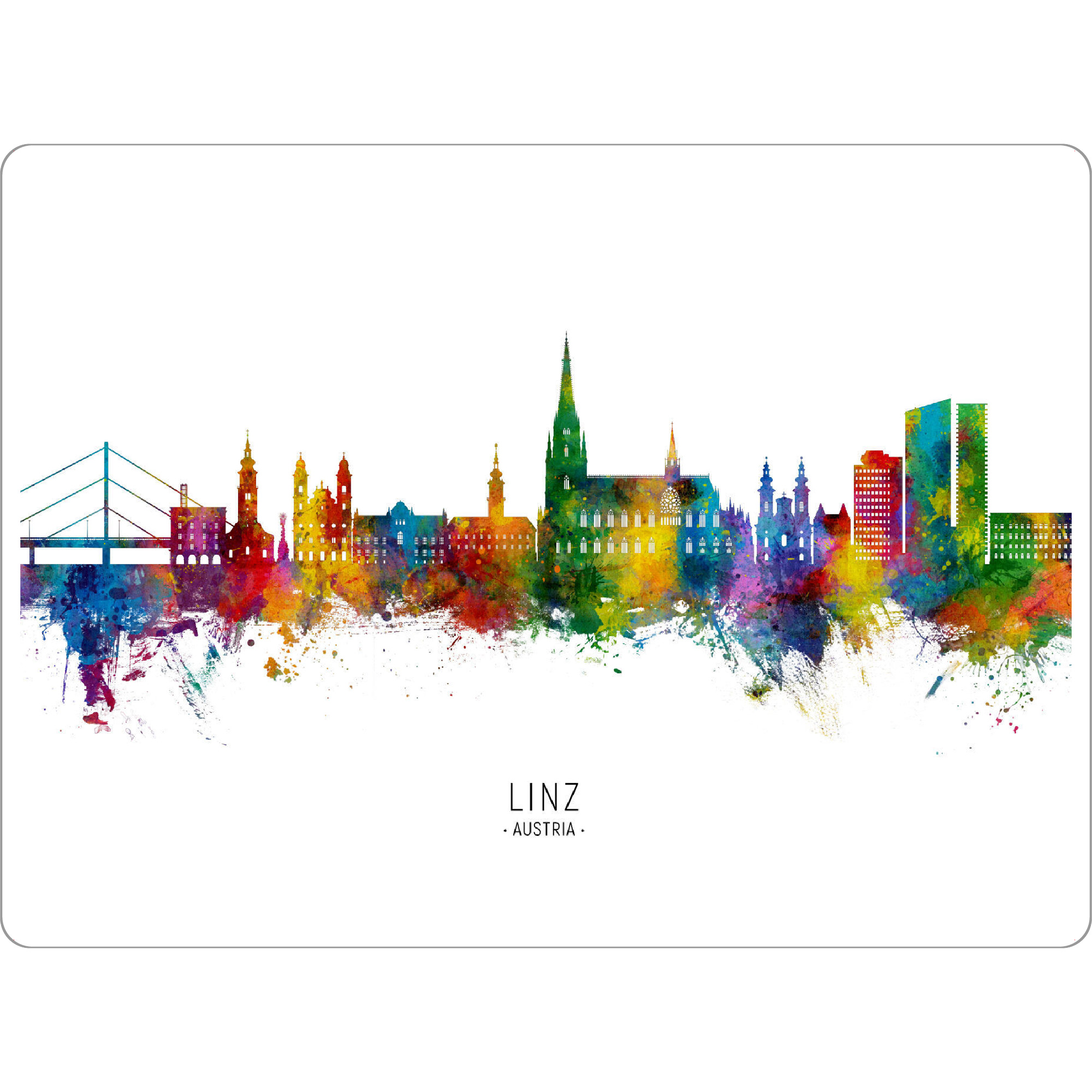 Tischset "Linz Austria Skyline txt" artboxONE - Städte - Linz,Austria,Skyline,Cityscape,Stadtbild,Watercolor,Painting,City,Stadt,Bunt,Colorful