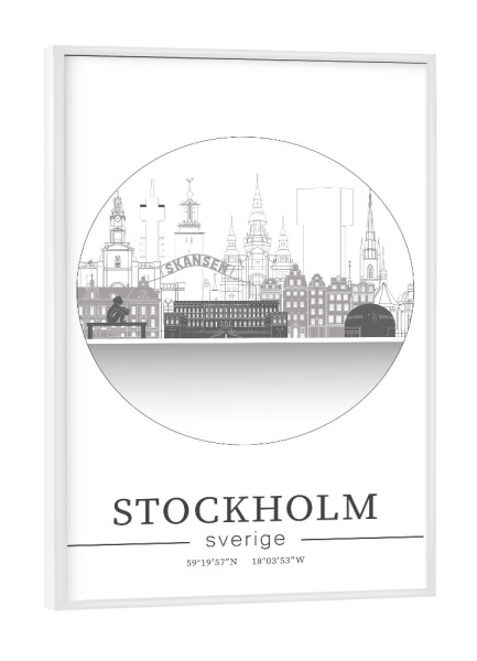 Poster mit weißem Rahmen "Stockholm skyline line art circle" artboxONE - Städte,Reise,Architektur,Städte / Stockholm,Kartografie