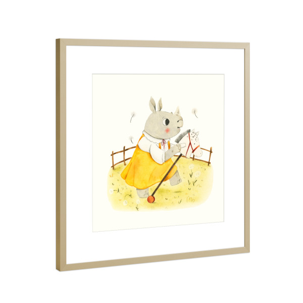 Poster mit Rahmen Gold "Nashorn mit Steckenpferd" artboxONE - Natur,Für Kinder,Tiere
