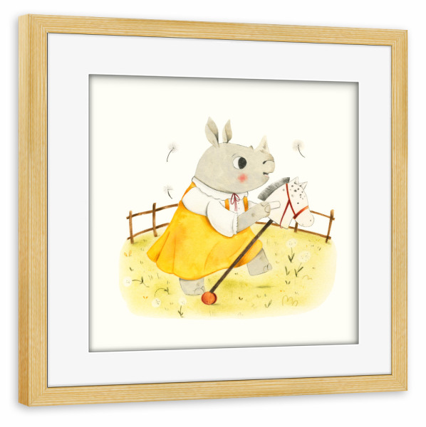 Poster mit Rahmen kiefer "Nashorn mit Steckenpferd" artboxONE - Natur,Für Kinder,Tiere