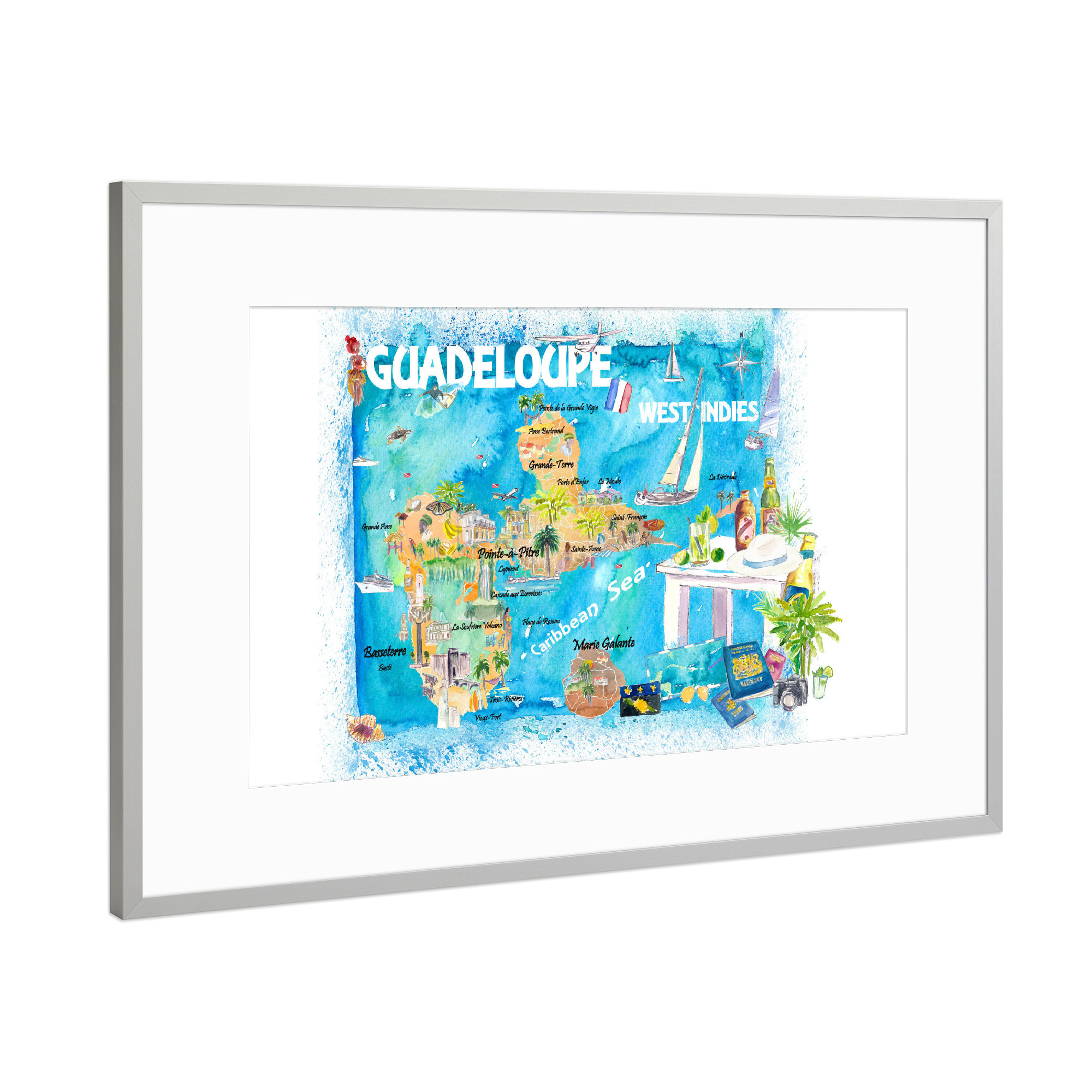 Poster mit Rahmen Silber "Guadeloupe Ilustrierte Karte" artboxONE - Reise,Reise / Strand und Meer,Kartografie