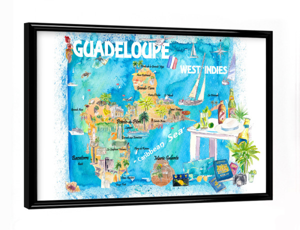 Poster mit schwarzem Rahmen "Guadeloupe Ilustrierte Karte" artboxONE - Reise,Reise / Strand und Meer,Kartografie