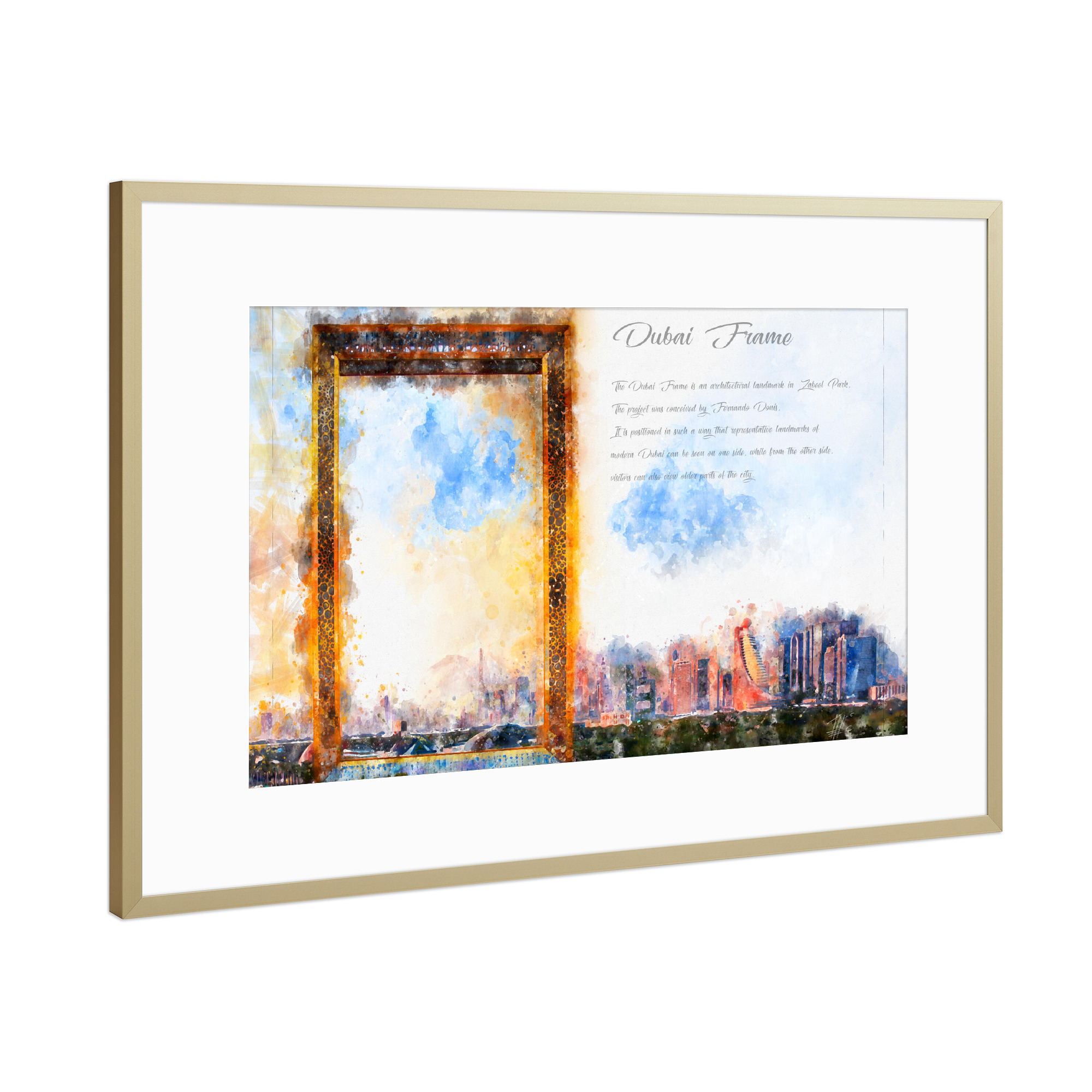 Poster mit Rahmen Gold "Dubai Frame Aquarell" artboxONE - Architektur,Reise / Strand und Meer,Städte / Dubai