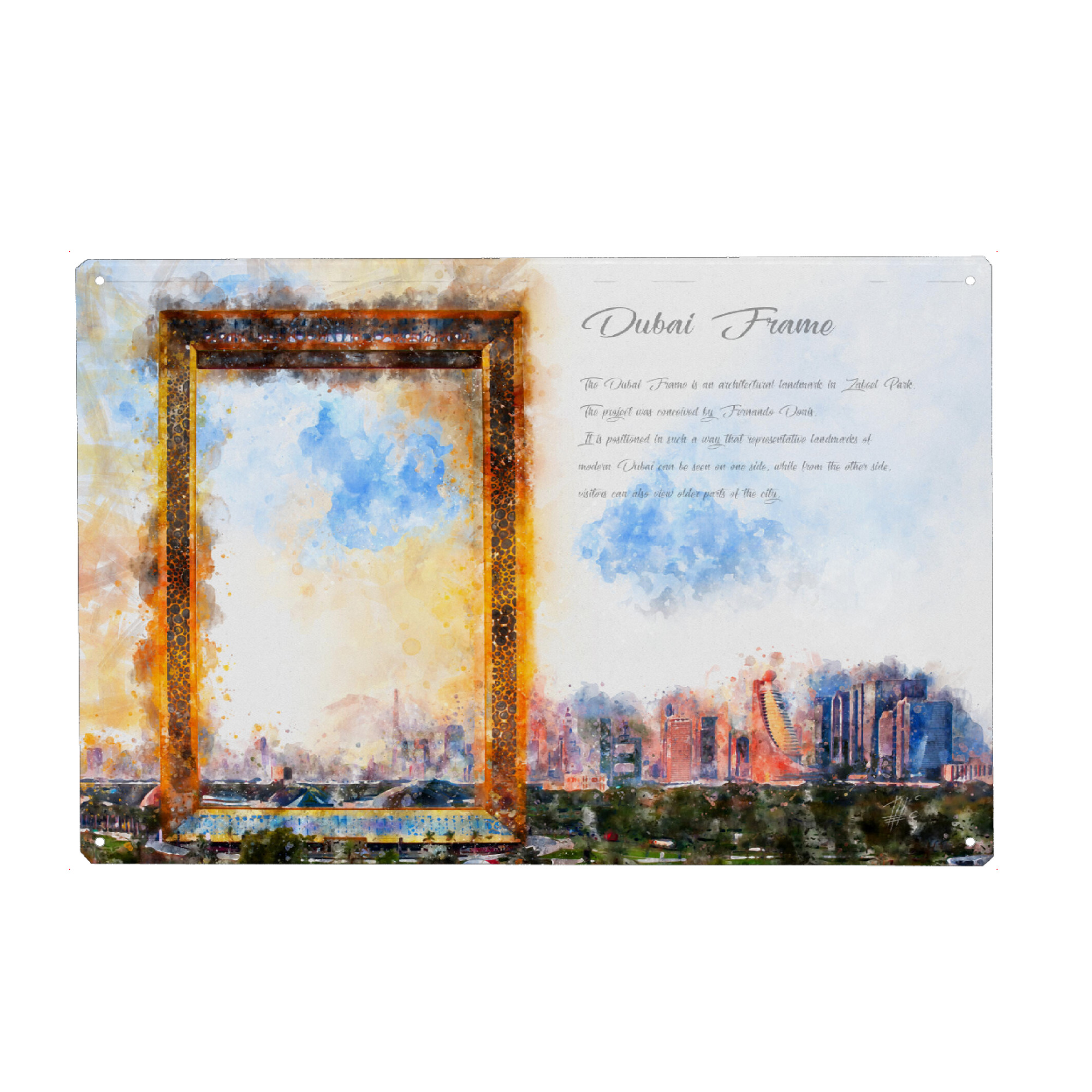 Metall Poster "Dubai Frame Aquarell" artboxONE - Architektur,Reise / Strand und Meer,Städte / Dubai