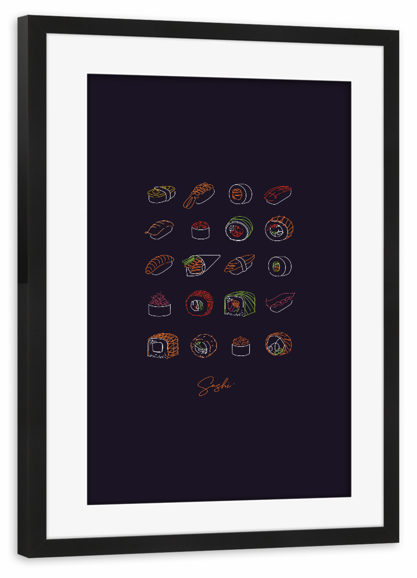 Poster mit Rahmen schwarz "Sushi type line style neon black" artboxONE - Essen & Trinken,Für Mama,Für Papa