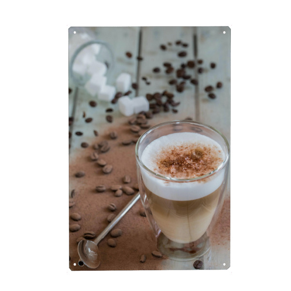 Metall Poster "Zeit für eine Kaffeepause" artboxONE - Essen & Trinken - Kaffee,Kaffeebohnen,Getränk,Tisch,Zucker,Pause,Coffee,Drink,Table,Sugar
