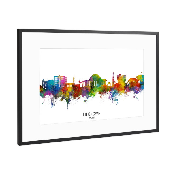 Poster mit Rahmen Schwarz (Metallic) "Lilongwe Malawi Skyline txt" artboxONE - Städte