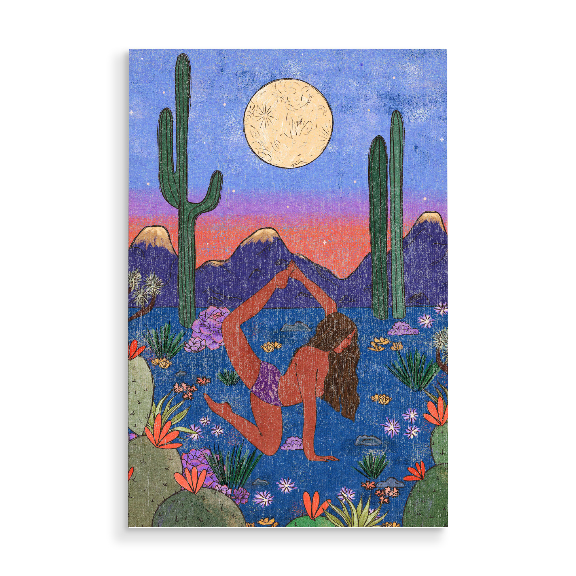 Holzbild "Wüsten Yoga" artboxONE - Natur - Boho,Bohemian,Kaktus,Mond,Feminin,Himmel,Berge,Sterne,Frau,Blumen,Pflanzen,Bunt,Colorful,Cacteen,Moon