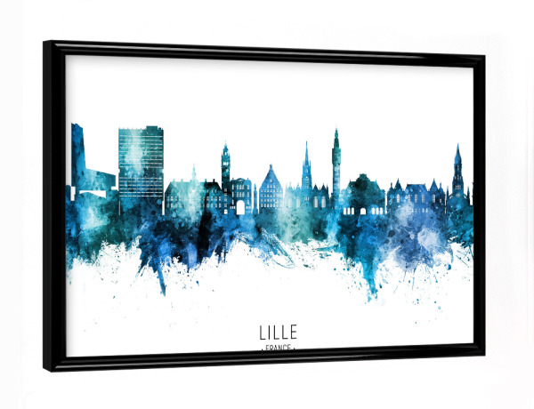 Poster mit schwarzem Rahmen "Lille France Skyline Blue Name" artboxONE - Städte