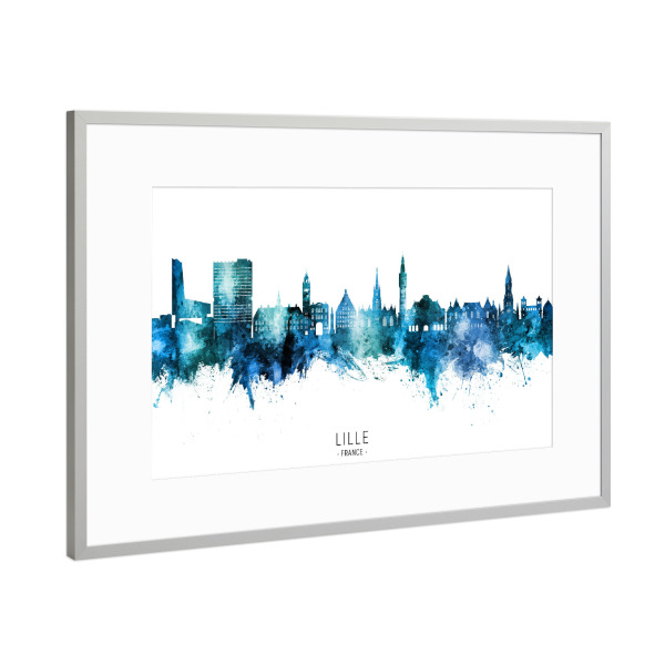 Poster mit Rahmen Silber "Lille France Skyline Blue Name" artboxONE - Städte