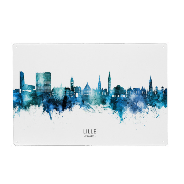 Metall Poster "Lille France Skyline Blue Name" artboxONE - Städte - Lille,France,Skyline,Cityscape,Stadtbild,Watercolor,Painting,City,Stadt,Frankreich