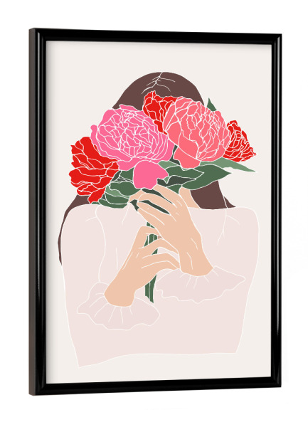 Poster mit schwarzem Rahmen "Girl with peonies bouquet" artboxONE - Floral,Menschen,Liebe