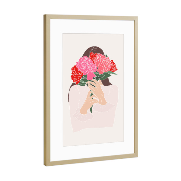 Poster mit Rahmen Gold "Girl with peonies bouquet" artboxONE - Floral,Menschen,Liebe