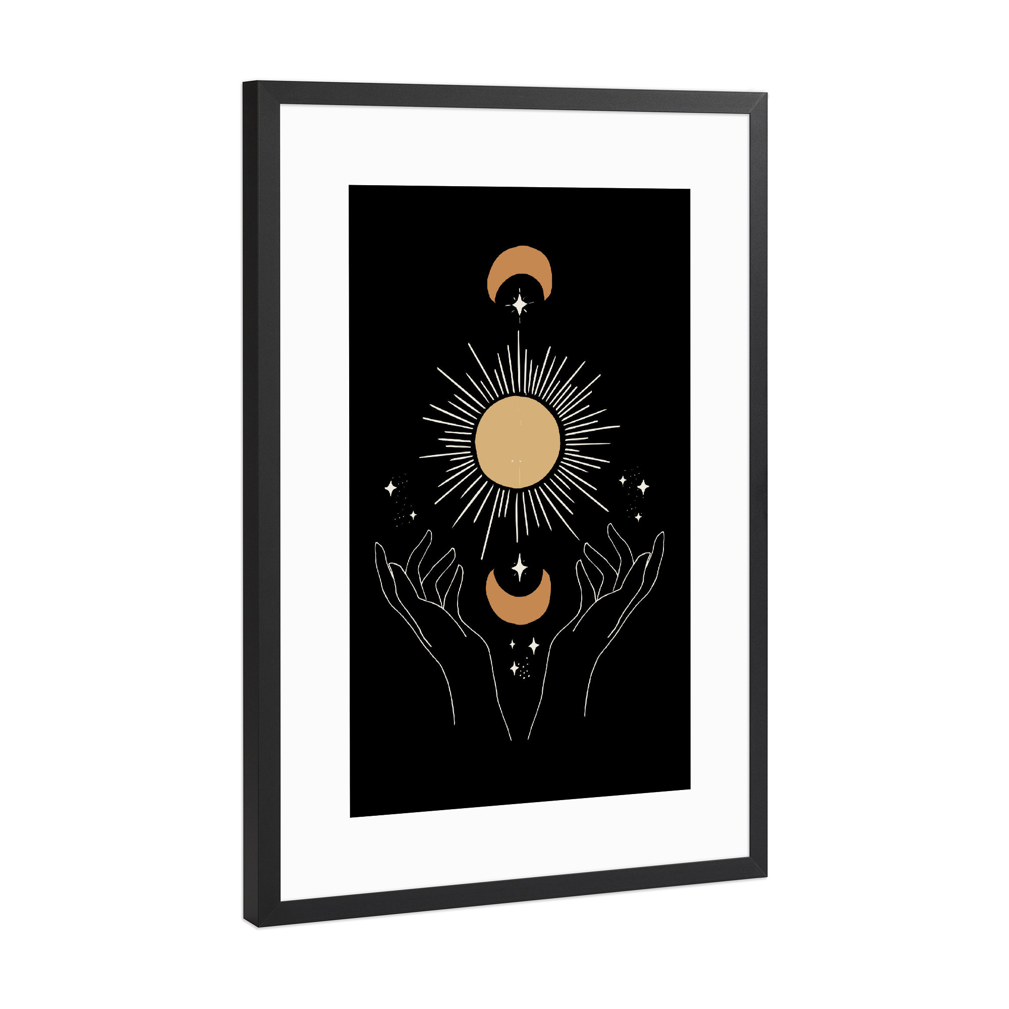 Poster mit Rahmen Schwarz (Metallic) "Celestial Hands Sun Moon Stars" artboxONE - Natur,Liebe,Galaxy